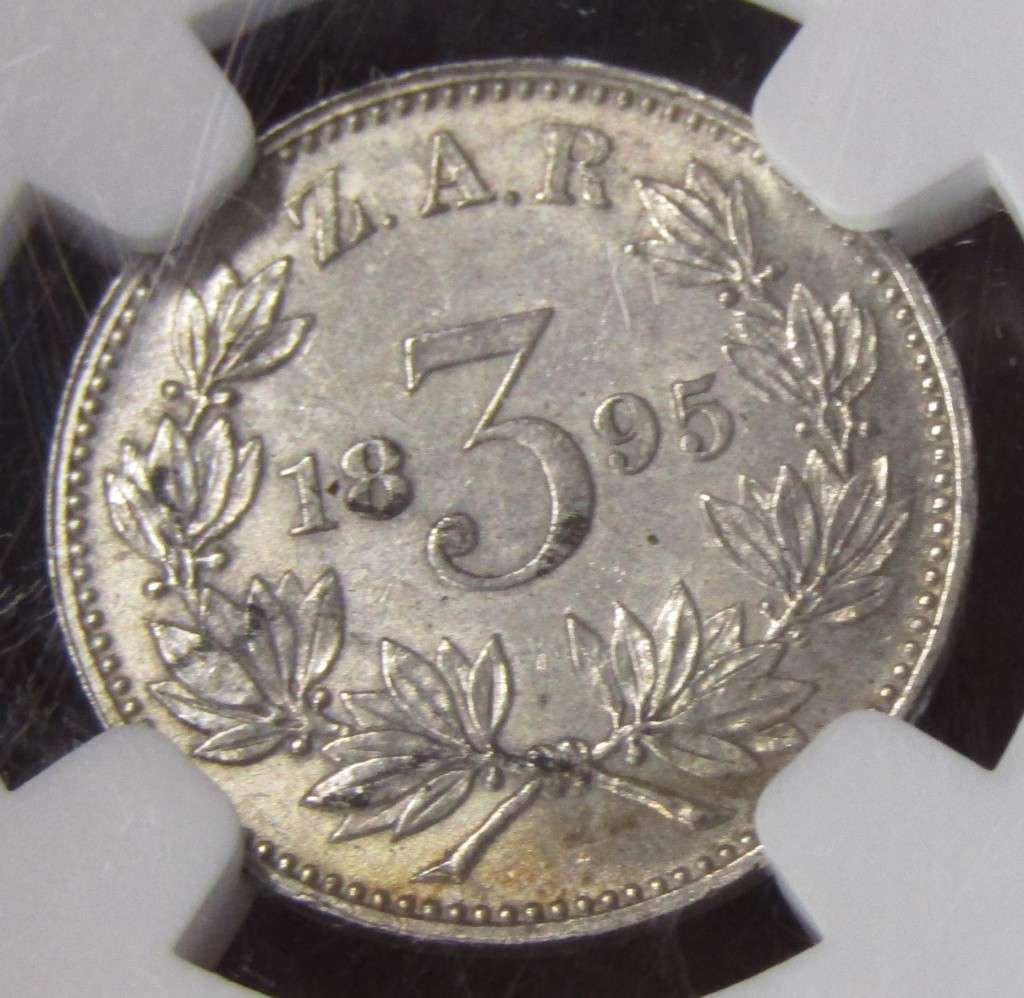 1895 ZAR 3 Pence UNC-A bright ,blast-white satiny beauty NGC has designated `cleaned`-look at pics.