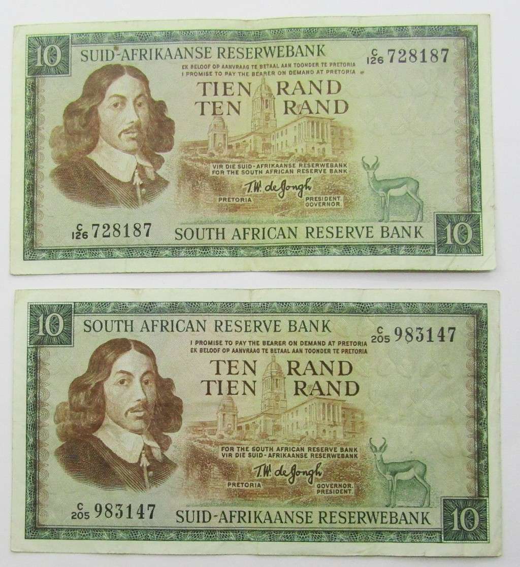 T.W De Jongh  2x R10 notes with both  ENG/AFR and AFR/ENG language variations