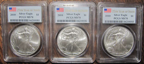 MS70!.. MS70!..MS70!   3xPCGS MS70 25th Year of Issue SILVER EAGLES!!!!!! CRAZY R1 START!!!!!!