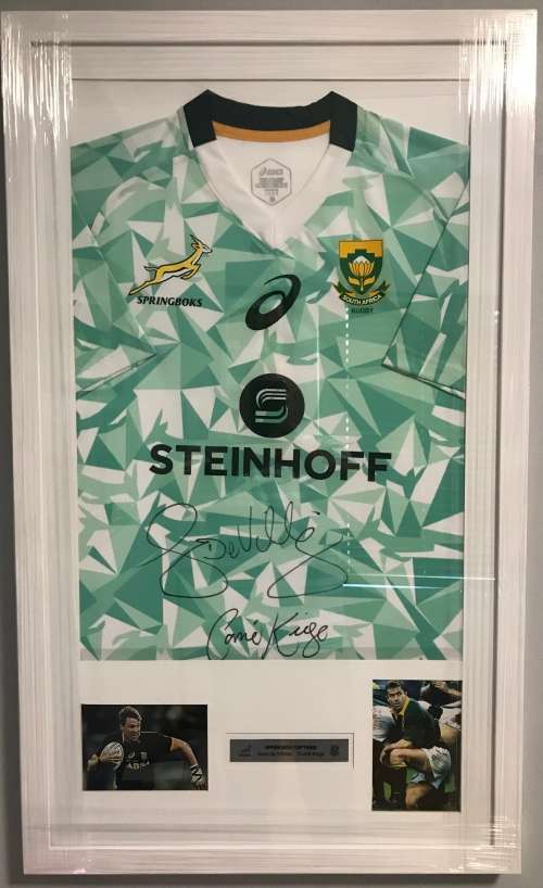 Rugby Jersey Sevens Framed Signed by Springbok Captains Jean de Villiers and Corné Krige