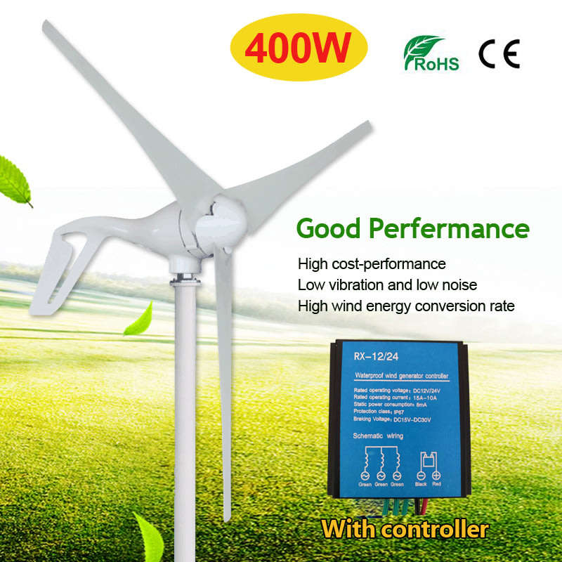 12V/24V 400W 3 Blades Wind Turbine Generator White + Wind Controller