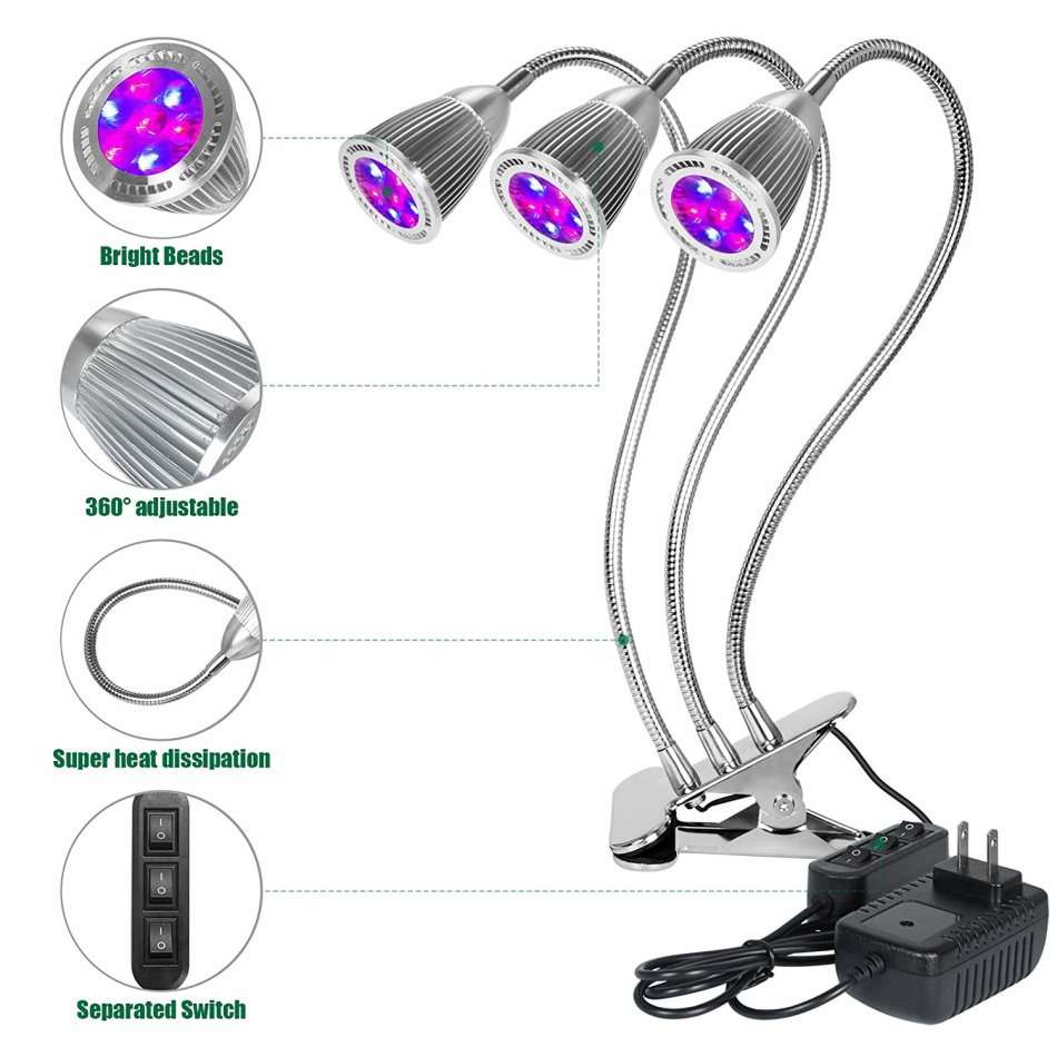 Plant Grows Lamp, 21W Plant Growing Desk Lights Triple Heads LED Full Spectrum Vegetation L