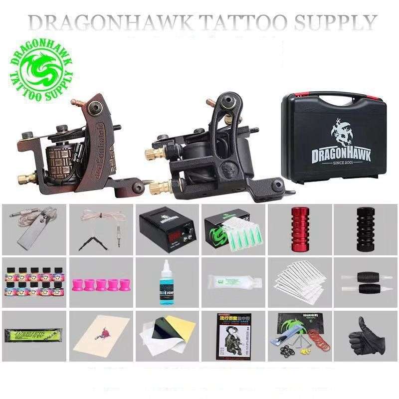 Dragonhawk Complete Tattoo Kit 2pcs Coil Tattoo Machine Tattoo Guns Color Immortal Inks Power