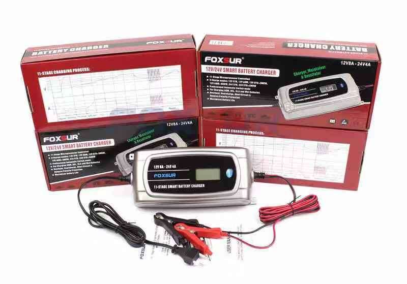 FOXSUR 12V 24V Waterproof Truck Car Battery Charger, EFB GEL WET AGM Battery Charger with LCD Displa