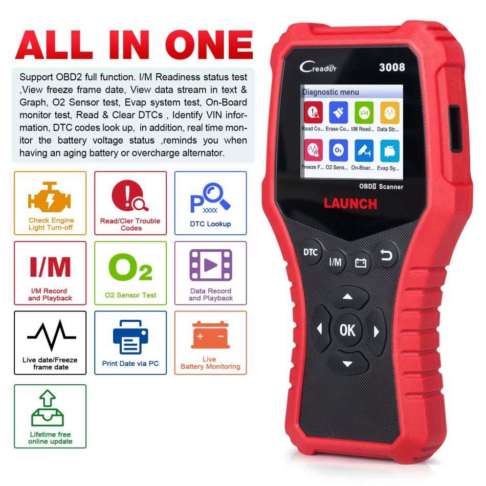 LAUNCH Creader 3008 OBD2 Scanner Automotive Car Diagnostic Tool Support Full OBD2 Function with Batt