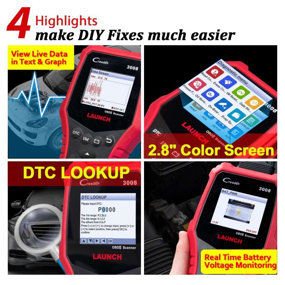 LAUNCH Creader 3008 OBD2 Scanner Automotive Car Diagnostic Tool Support Full OBD2 Function with Batt