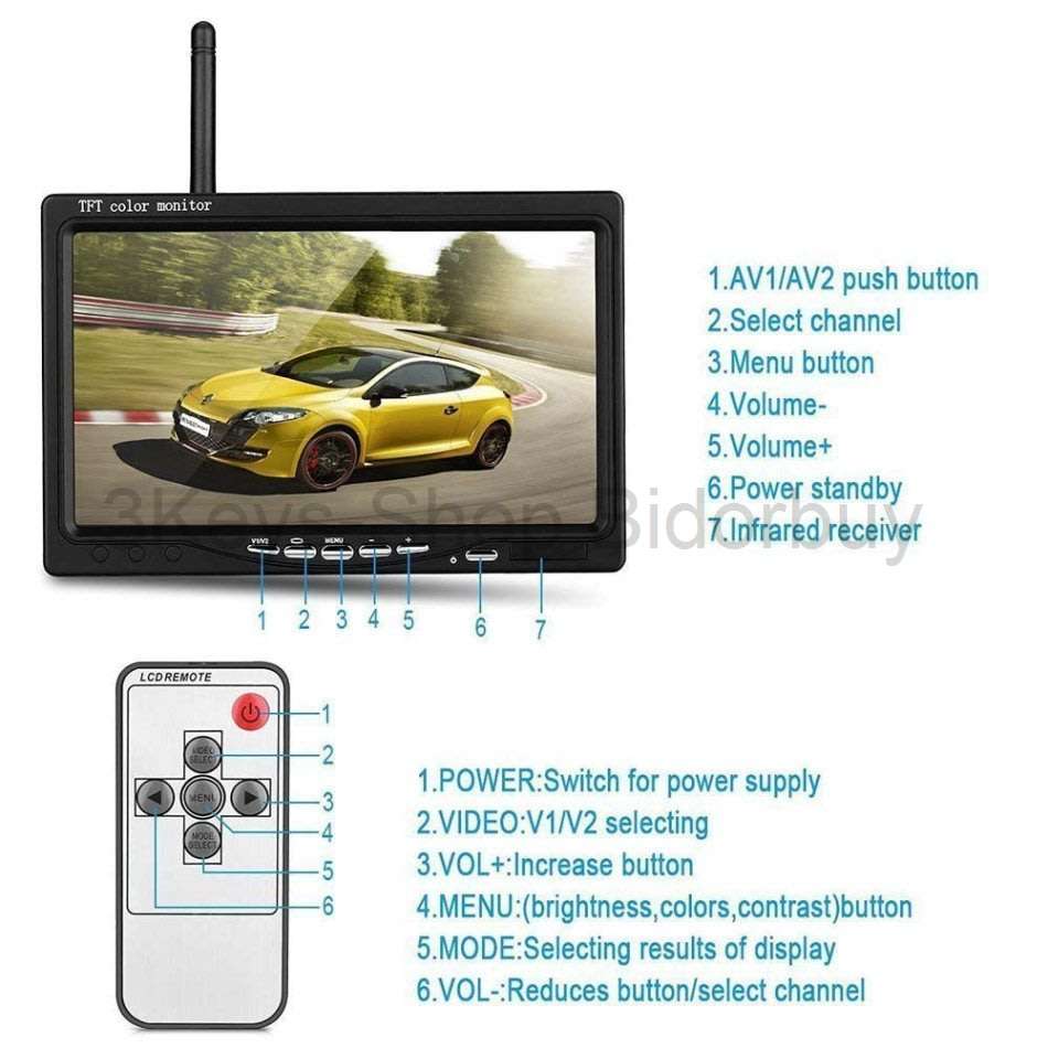 Wireless Backup Camera Monitor Kit - 7 inch HD LCD TFT Monitor + Built-in Wireless Antenna 12V 24V B