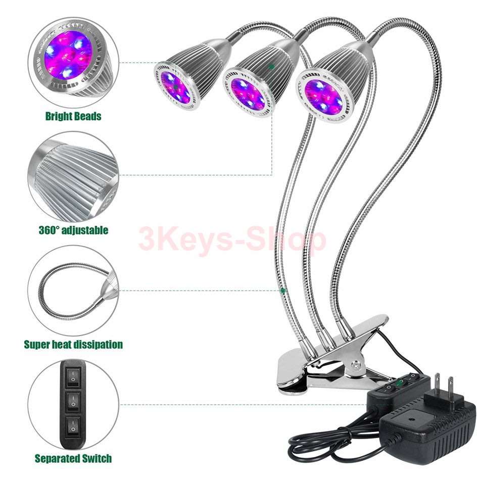 Plant Grows Lamp, 15W Plant Growing Desk Lights Triple Heads LED Full Spectrum Vegetation L