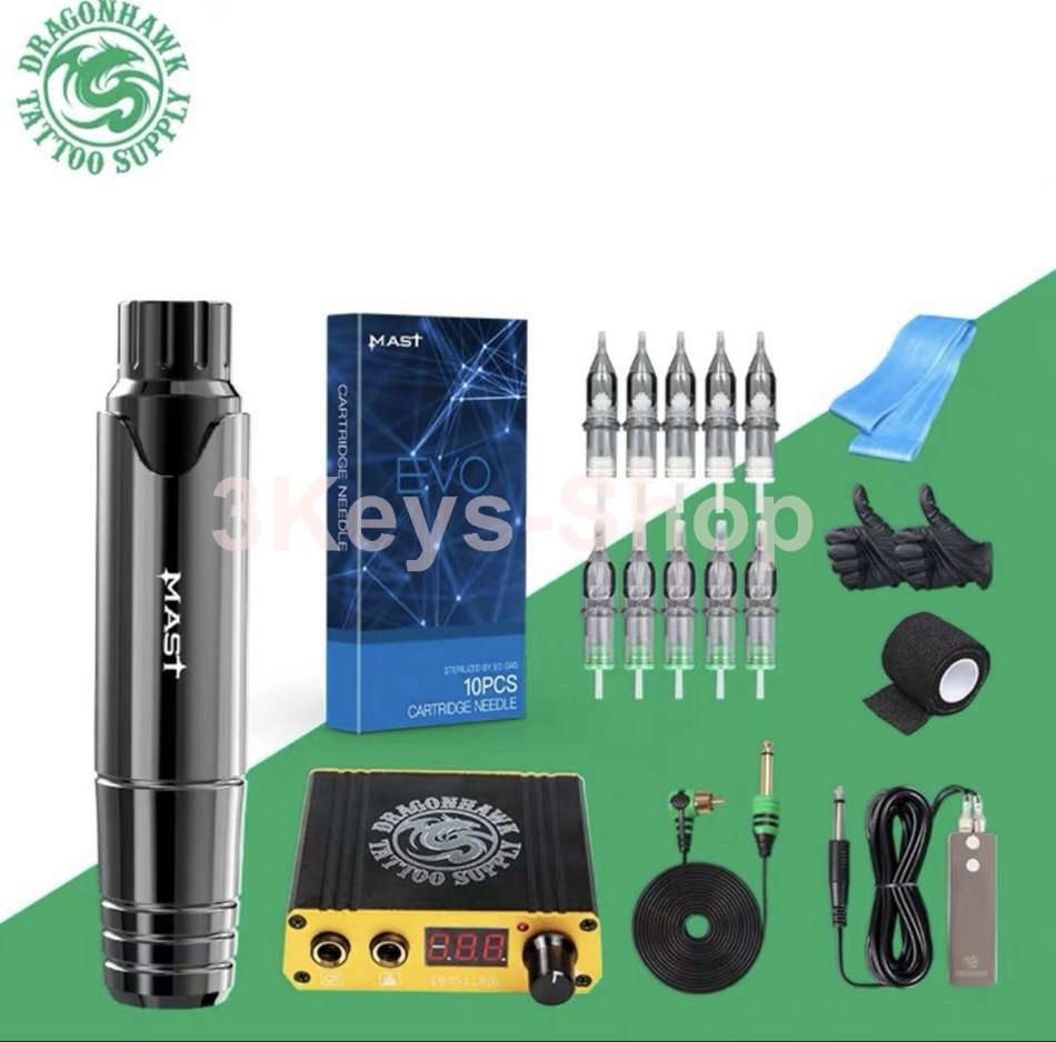 Dragonhawk Mast Pen Rotary Tattoo Machine Power Supply Extreme Cartridges Foot Pedal