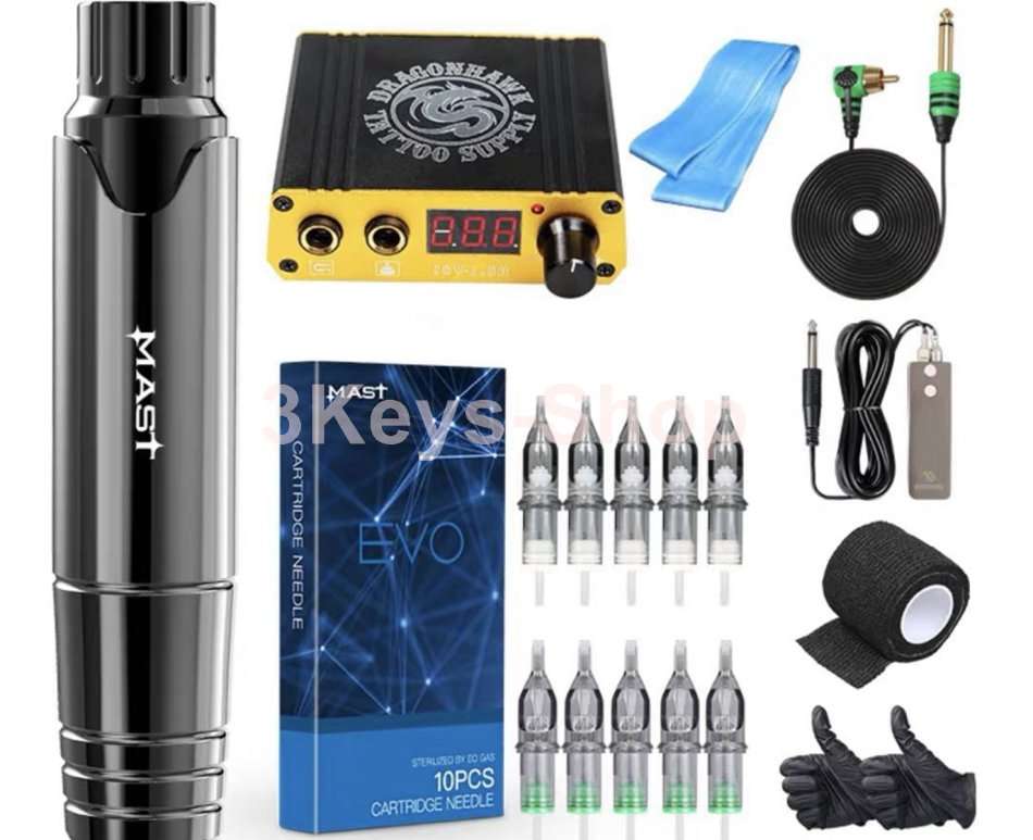 Dragonhawk Mast Pen Rotary Tattoo Machine Power Supply Extreme Cartridges Foot Pedal