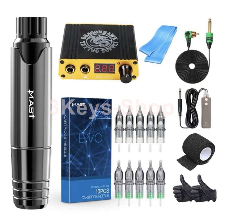 Dragonhawk Mast Pen Rotary Tattoo Machine Power Supply Extreme Cartridges Foot Pedal
