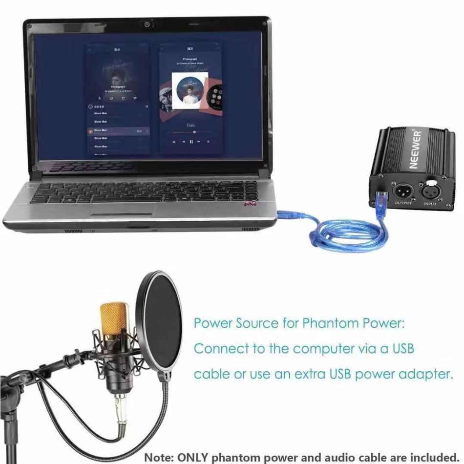 Neewer 1-Channel 48V Phantom Power Supply with 5 feet USB Cable icrophone Music Recording Equipment