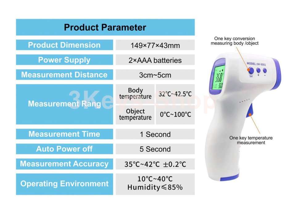 Multi Purpose Digital Infrared Thermometer, with 3 Colors Backlight LCD Display, Non-Contact Forehe