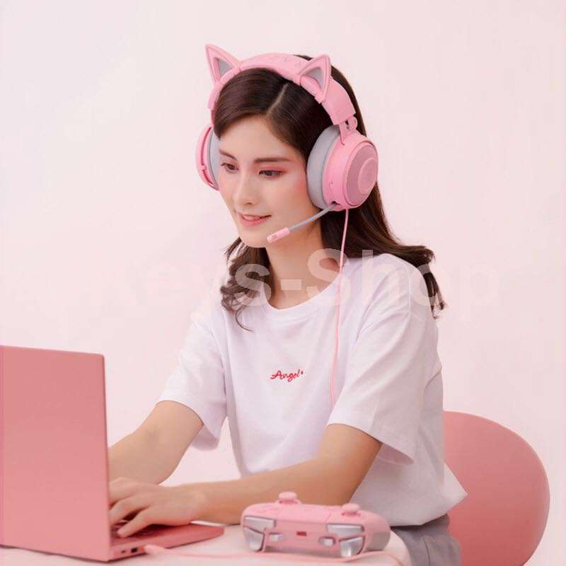 Razer Kraken Gaming Headset + Kitty Ears Bundle: Lightweight Aluminum Frame - Retractable Noise Canc