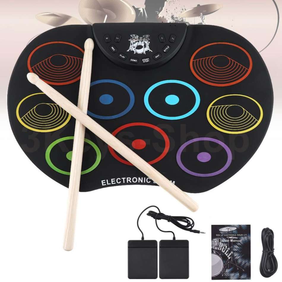 Portable Electronic Digital USB 9 Pads Colorful Roll up Set Silicone Electric Drum Kit with Drumsti