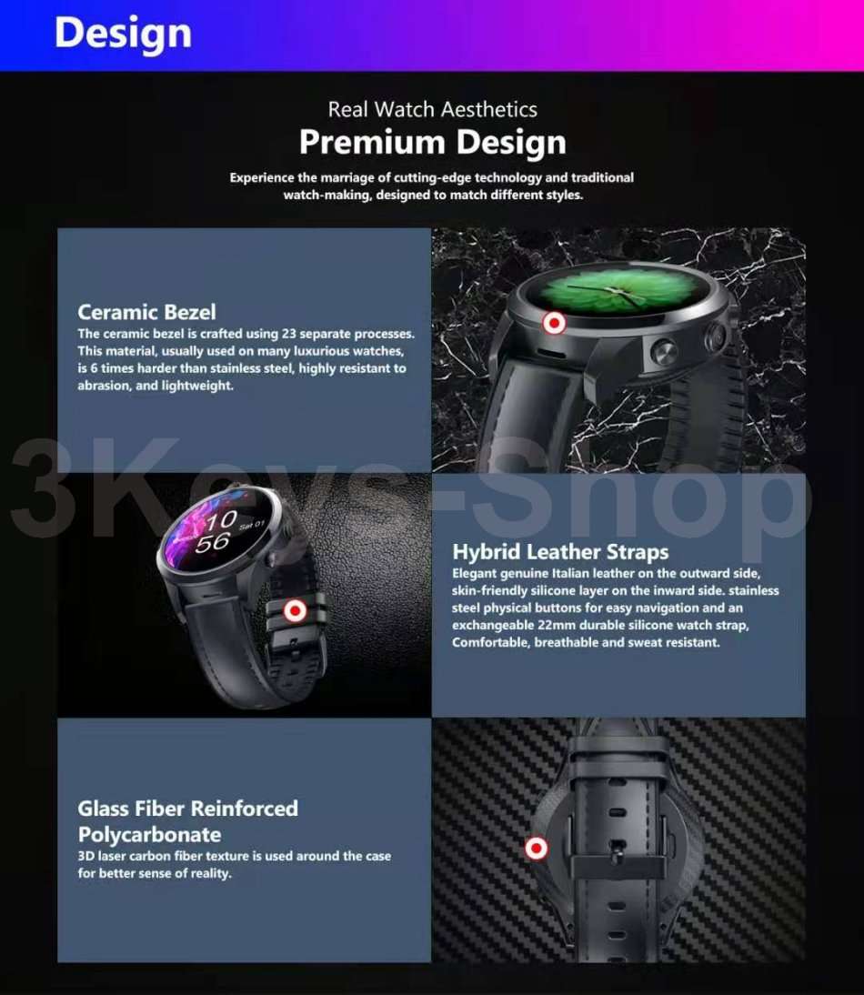 Zeblaze THOR 5 PRO SmartWatch 4G LTE 3GB+32GB Dual Camera Face Unlock Ceramic Bezel Quad Core Sport