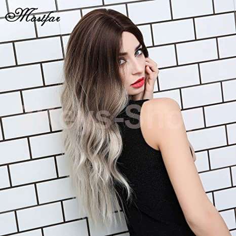 Natural Long Wavy Synthetic Wig for Women Ash Blonde Ombre Wig with Brown Roots Middle Parting Heat
