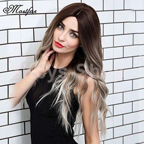 Natural Long Wavy Synthetic Wig for Women Ash Blonde Ombre Wig with Brown Roots Middle Parting Heat