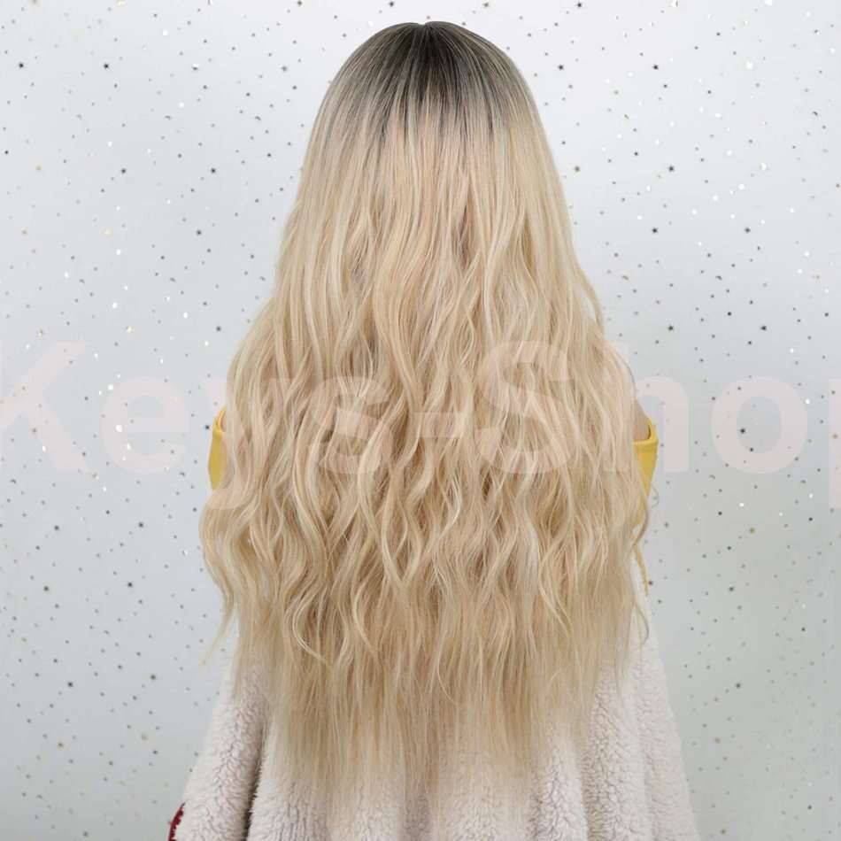 Long Blonde Curly Wavy Wigs Middle Part Ombre Blonde Natural Looking Long Thick Wavy Wig