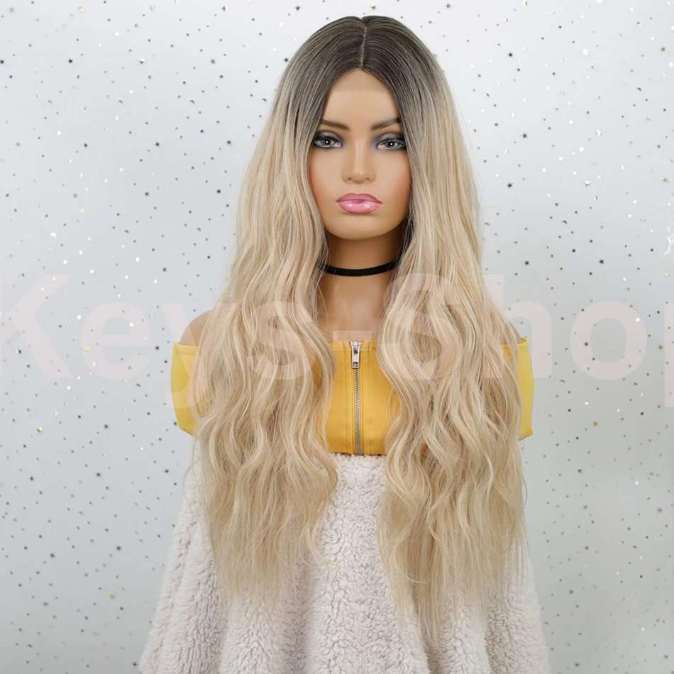 Long Blonde Curly Wavy Wigs Middle Part Ombre Blonde Natural Looking Long Thick Wavy Wig