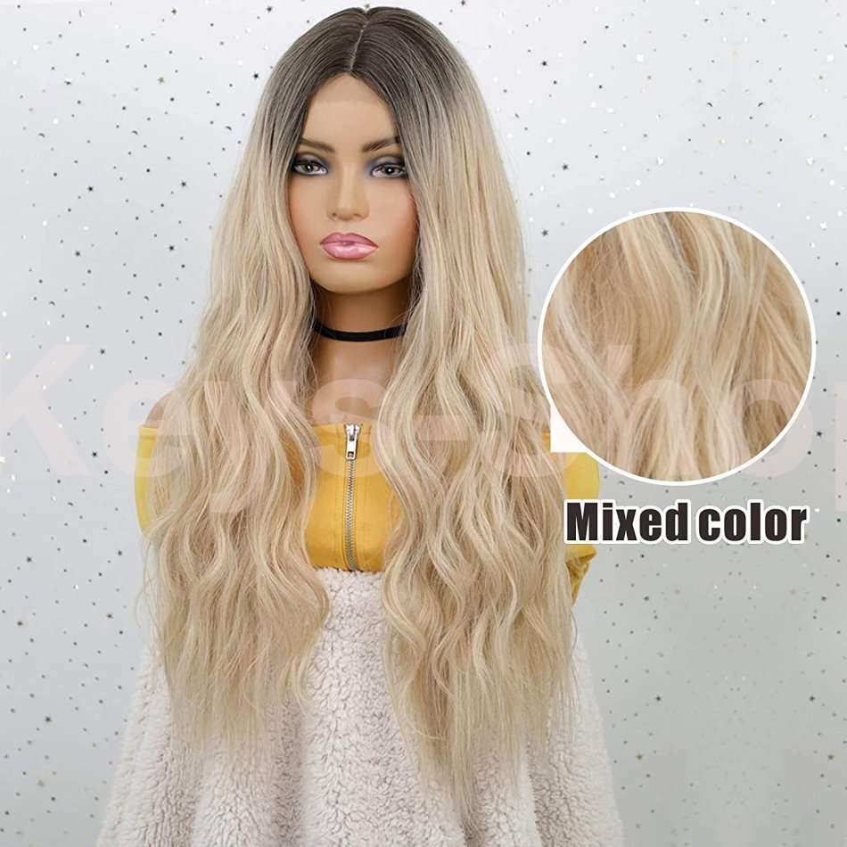 Long Blonde Curly Wavy Wigs Middle Part Ombre Blonde Natural Looking Long Thick Wavy Wig