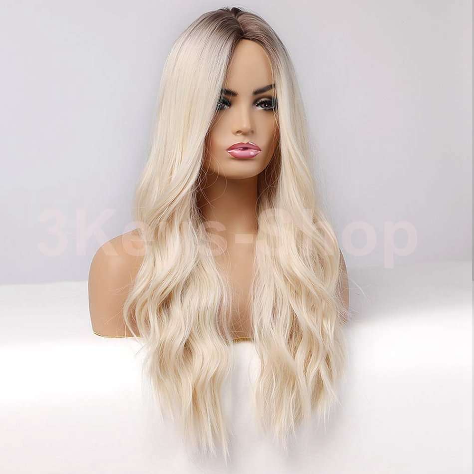 Long Blonde Wigs for Women Synthetic Curly Hair with Dark Roots Middle Parting