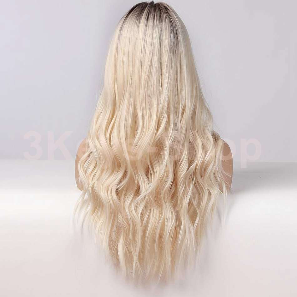 Long Blonde Wigs for Women Synthetic Curly Hair with Dark Roots Middle Parting