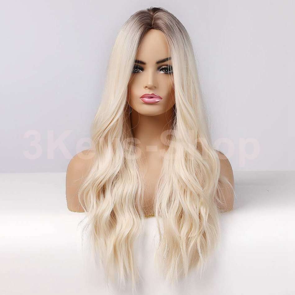 Long Blonde Wigs for Women Synthetic Curly Hair with Dark Roots Middle Parting