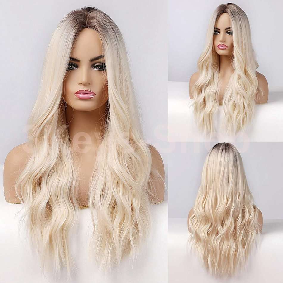 Long Blonde Wigs for Women Synthetic Curly Hair with Dark Roots Middle Parting