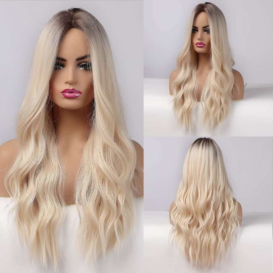 Long Blonde Wigs for Women Synthetic Curly Hair with Dark Roots Middle Parting