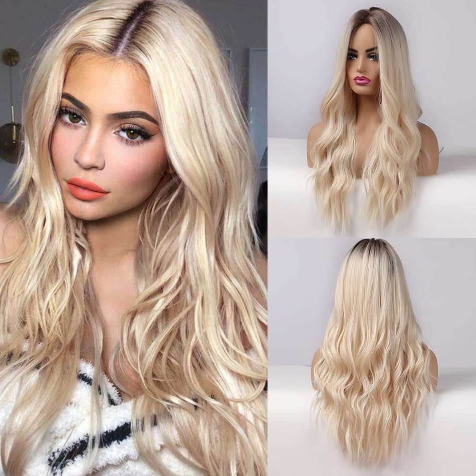 Long Blonde Wigs for Women Synthetic Curly Hair with Dark Roots Middle Parting