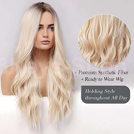 Blonde Long Curly Hair Wig Long Blonde Wigs for Women Synthetic Curly Hair with Dark Roots Middle Pa