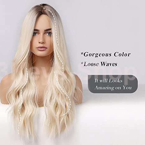 Blonde Long Curly Hair Wig Long Blonde Wigs for Women Synthetic Curly Hair with Dark Roots Middle Pa