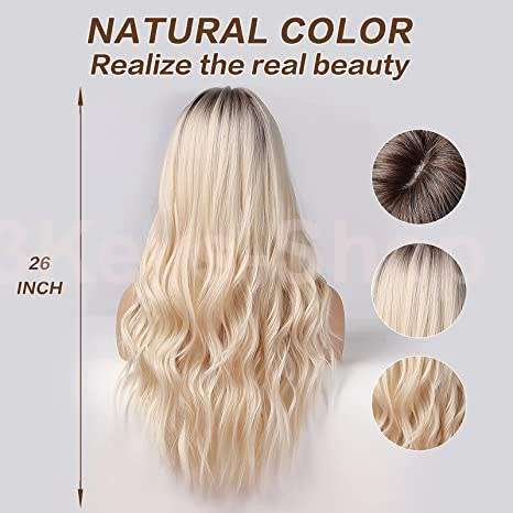 Blonde Long Curly Hair Wig Long Blonde Wigs for Women Synthetic Curly Hair with Dark Roots Middle Pa