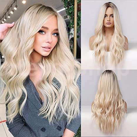 Blonde Long Curly Hair Wig Long Blonde Wigs for Women Synthetic Curly Hair with Dark Roots Middle Pa