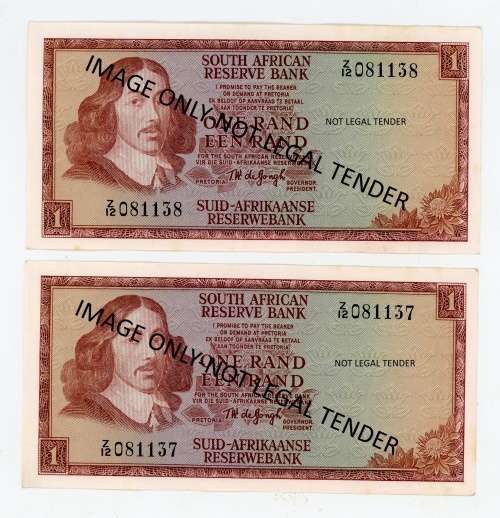 One rand notes x 2 REPLACEMENT IN SEQUENCE. TW de Jongh. Pick no: 109b*