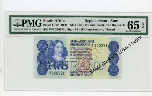 REPLACEMENT NOTE,  GPC de Kock, Pick 118b* PMG graded GEM UNCIRCULATED 65 EPQ