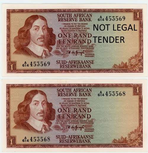 TW de Jongh 2 x R1 Notes in sequence 1967. Pick 109b. A614/53568-9. Springbok Watermark.