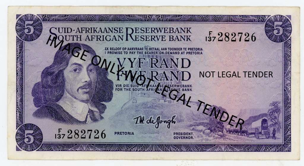 TW de Jongh R5 note. Pick 112b. F137/282726. Springbok Watermark.