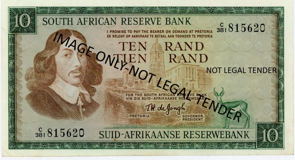TW de Jongh R10 note  Pick 113c. C381/815620.  Van Riebeek Watermark.