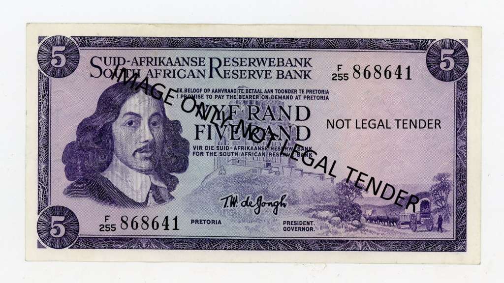 TW de Jongh R5 note. Pick 112c. F255/868641. Van Riebeek Watermark