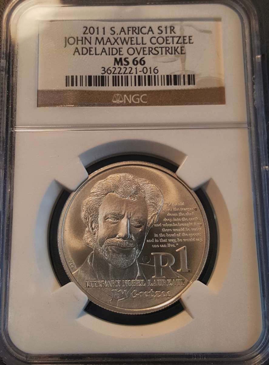 2011 Silver R1 JM Coetzee ADELAIDE OVERSTRIKE. NGC MS66. Rare coin in MS with overstrike.