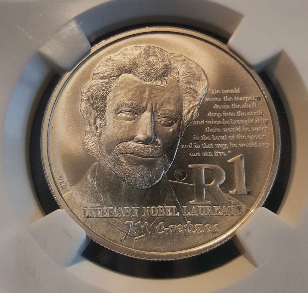 2011 Silver R1 JM Coetzee ADELAIDE OVERSTRIKE. NGC MS66. Rare coin in MS with overstrike.