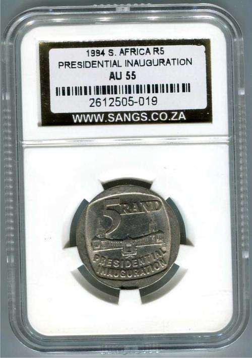 1994 R5 AU55 Mandela Inauguration. SANGS graded. Low pop coin.