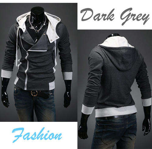 Korea Style Mens Slim Zip up Hoodie Jackets ( Dark Grey, Size Medium)