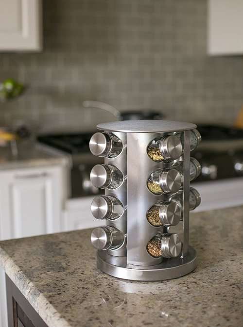 Stainless Steel Rotating Spice Display Rack with 16 Jar Bottles