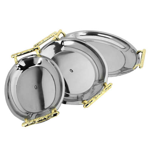 3 Piece Stainless Steel Serving Tray Set with Golden Handles [Second hand]