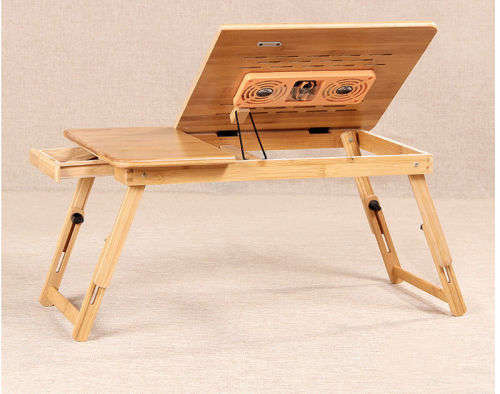 Bamboo Adjustable Laptop Tray Table with 2 Cooling Fans