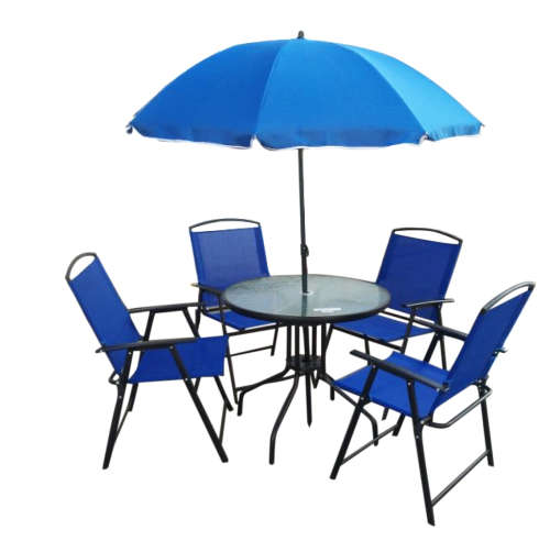 6 Piece Outdoor Garden Set with Umbrella, Glass Table & Chairs - Dark Blue