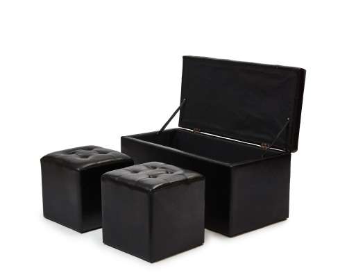 3 Piece Faux Leather Storage Ottoman Set - Black
